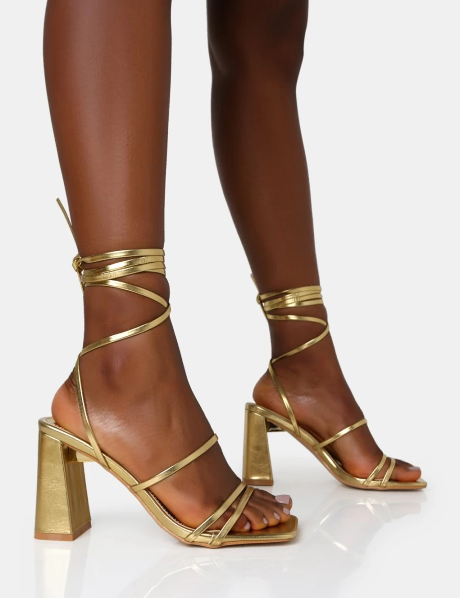 Public Desire Women's Gold Natty Pu Lace-Up Square Toe Mid Block Heels
