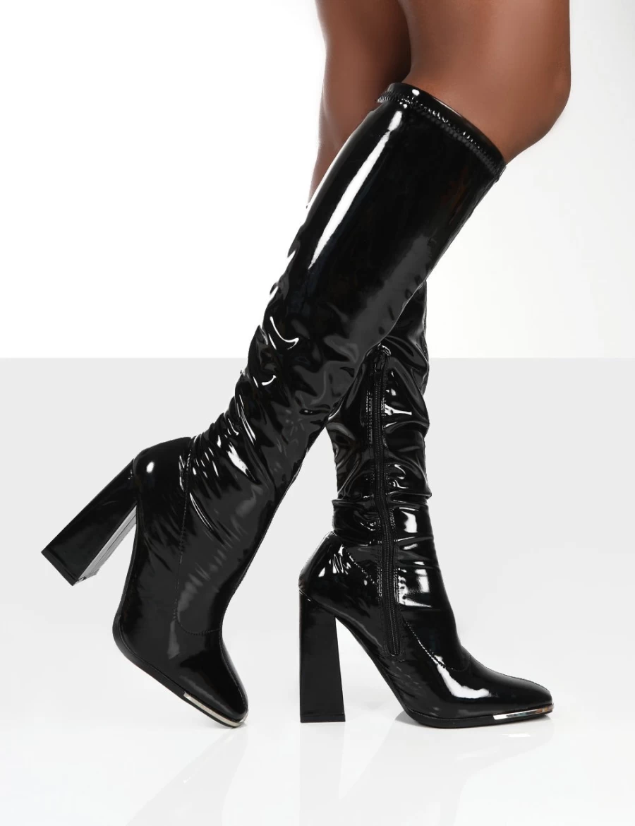 Public Desire Women's Black Caryn Patent Wide Fit Knee High Block Heel Boots