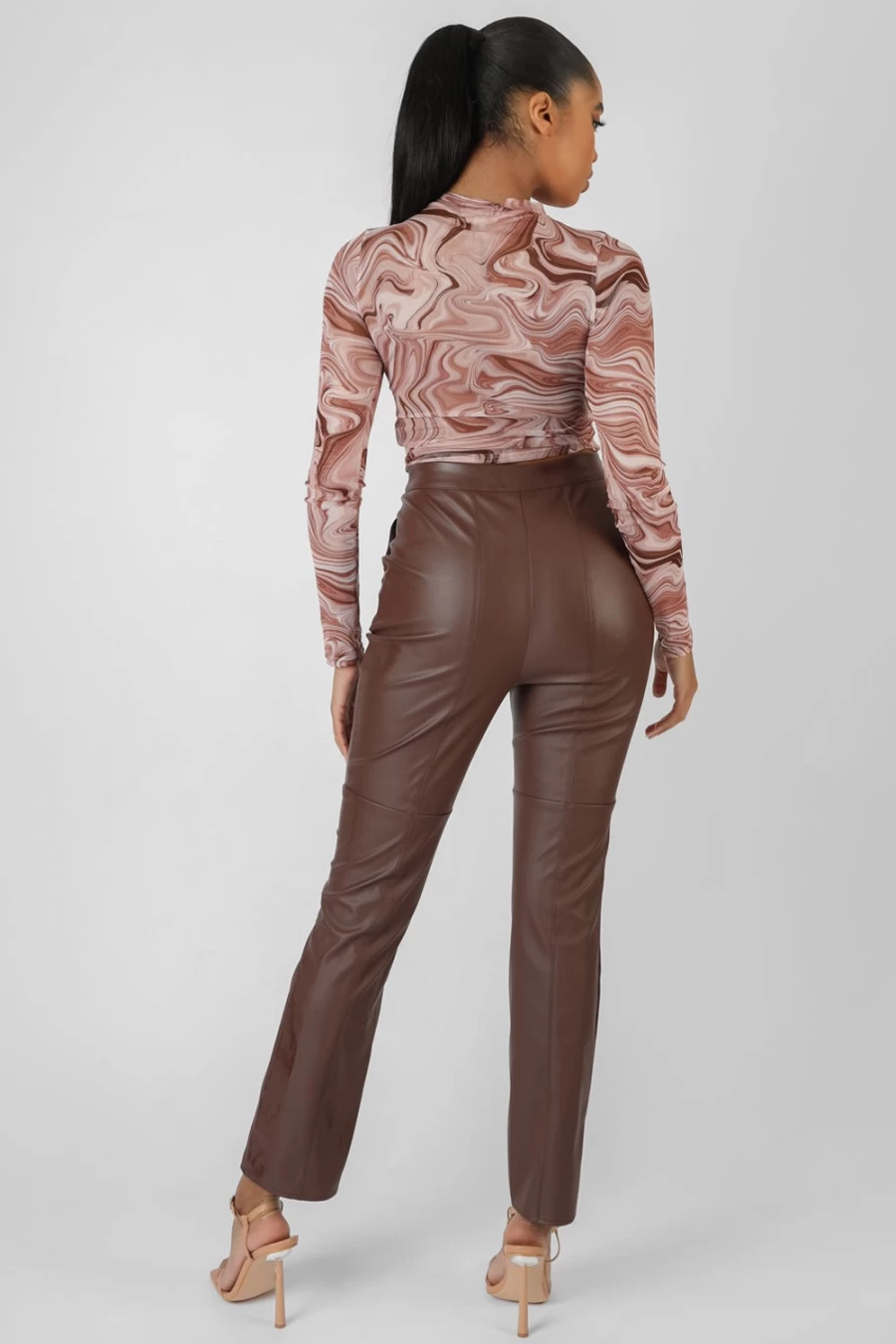 "Public Desire Women's Brown Printed Mesh Ruched Front Crop Top"