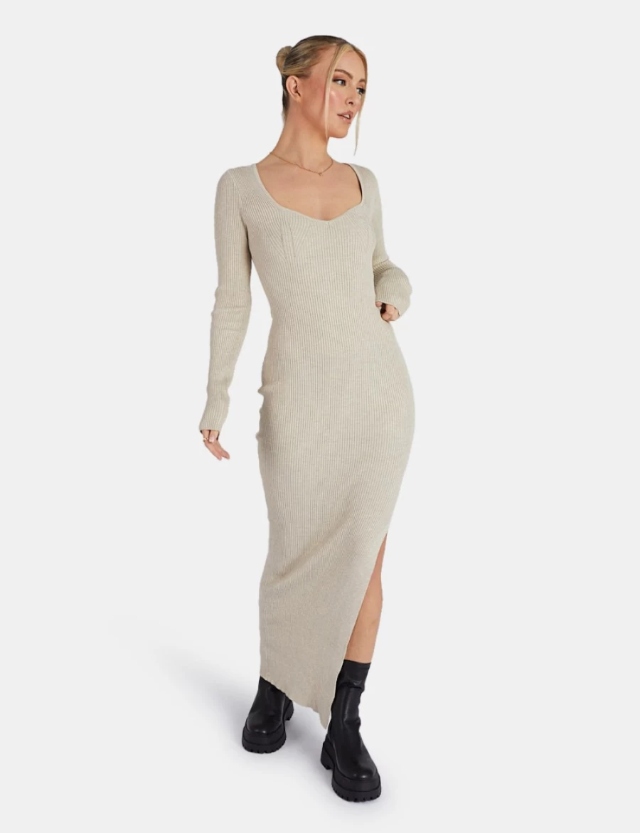 Public Desire Women's Oatmeal Knitted Off Shoulder Midi Dress - Marl Style