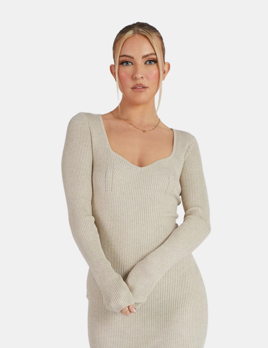 Public Desire Women's Oatmeal Knitted Off Shoulder Midi Dress - Marl Style