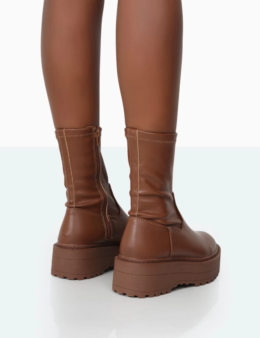 Public Desire Women's Brown Mocha Chunky Sole Ankle Boots - Auden Style