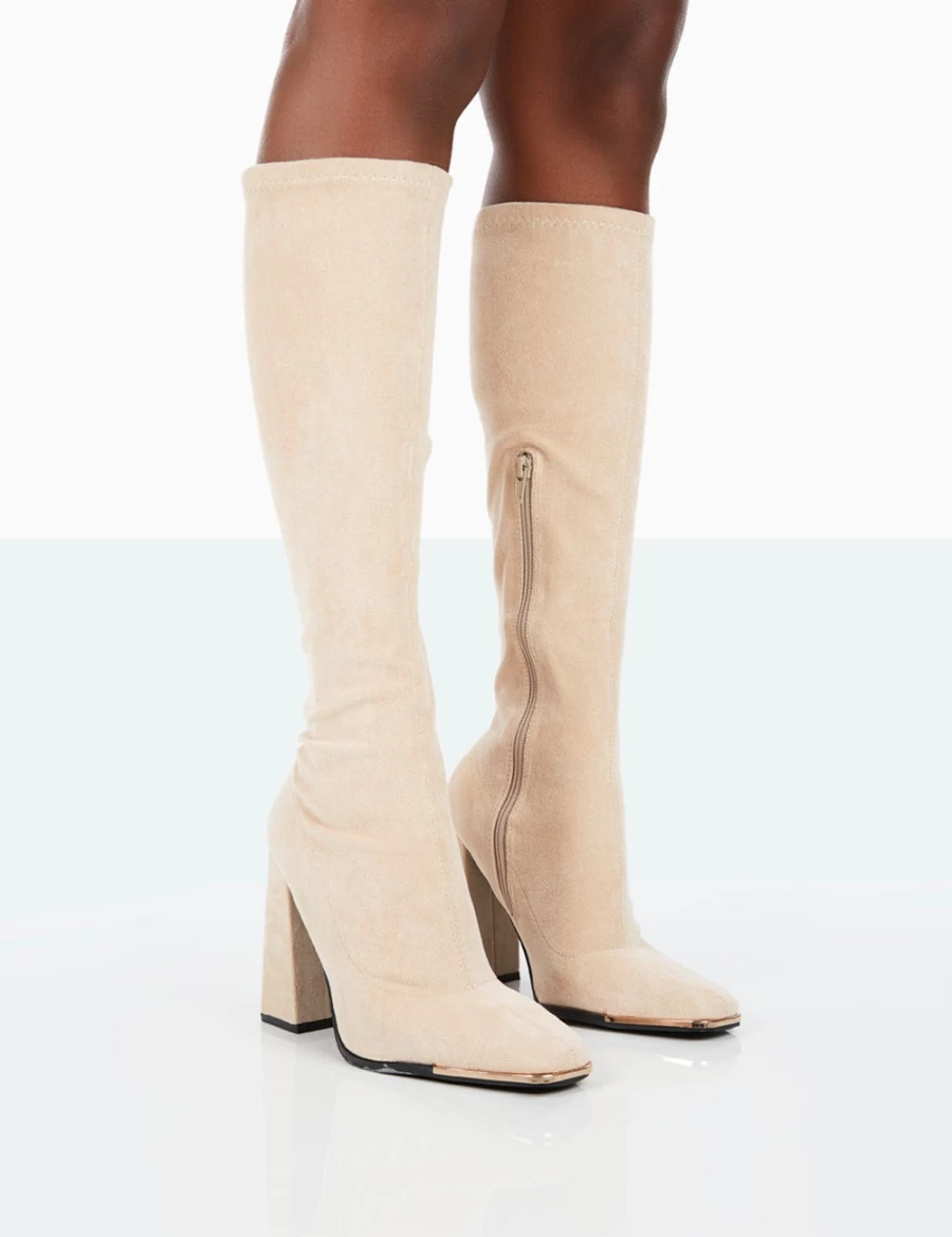 Public Desire Women's Taupe Faux Suede Knee High Boots with Block Heel
