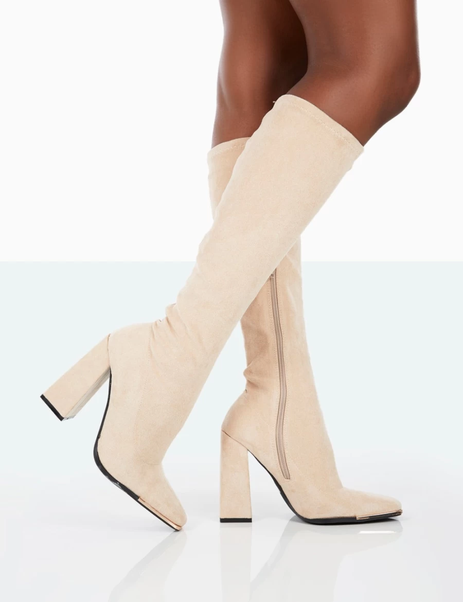 Public Desire Women's Taupe Faux Suede Knee High Boots with Block Heel