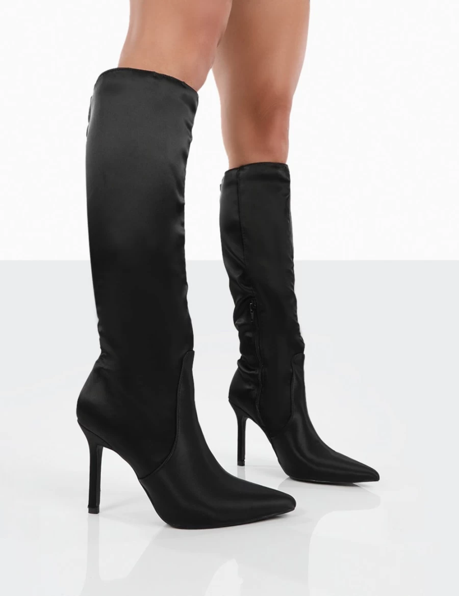Public Desire Women's Black Satin Knee High Boots - Pointed Toe Stiletto Heels