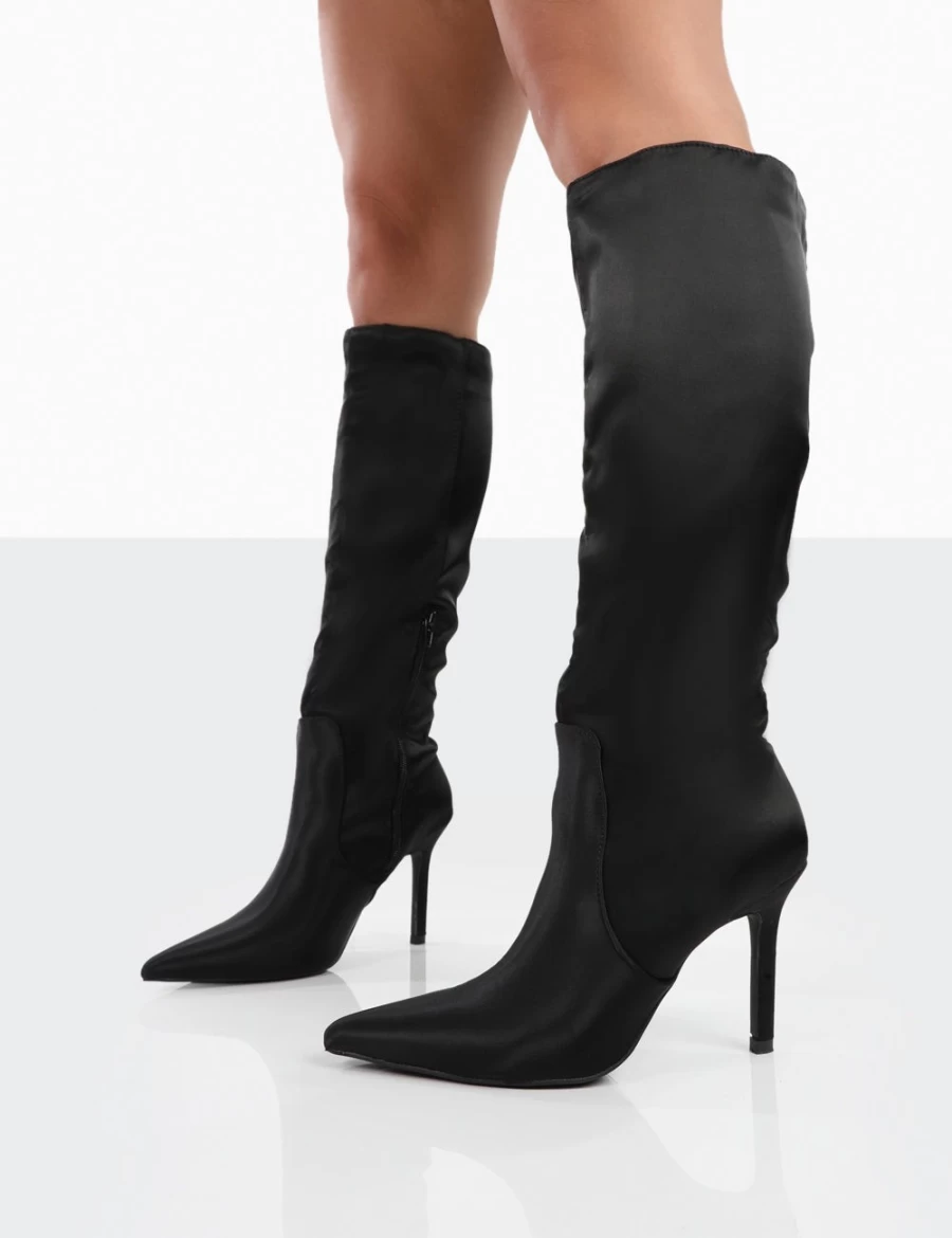 Public Desire Women's Black Satin Knee High Boots - Pointed Toe Stiletto Heels