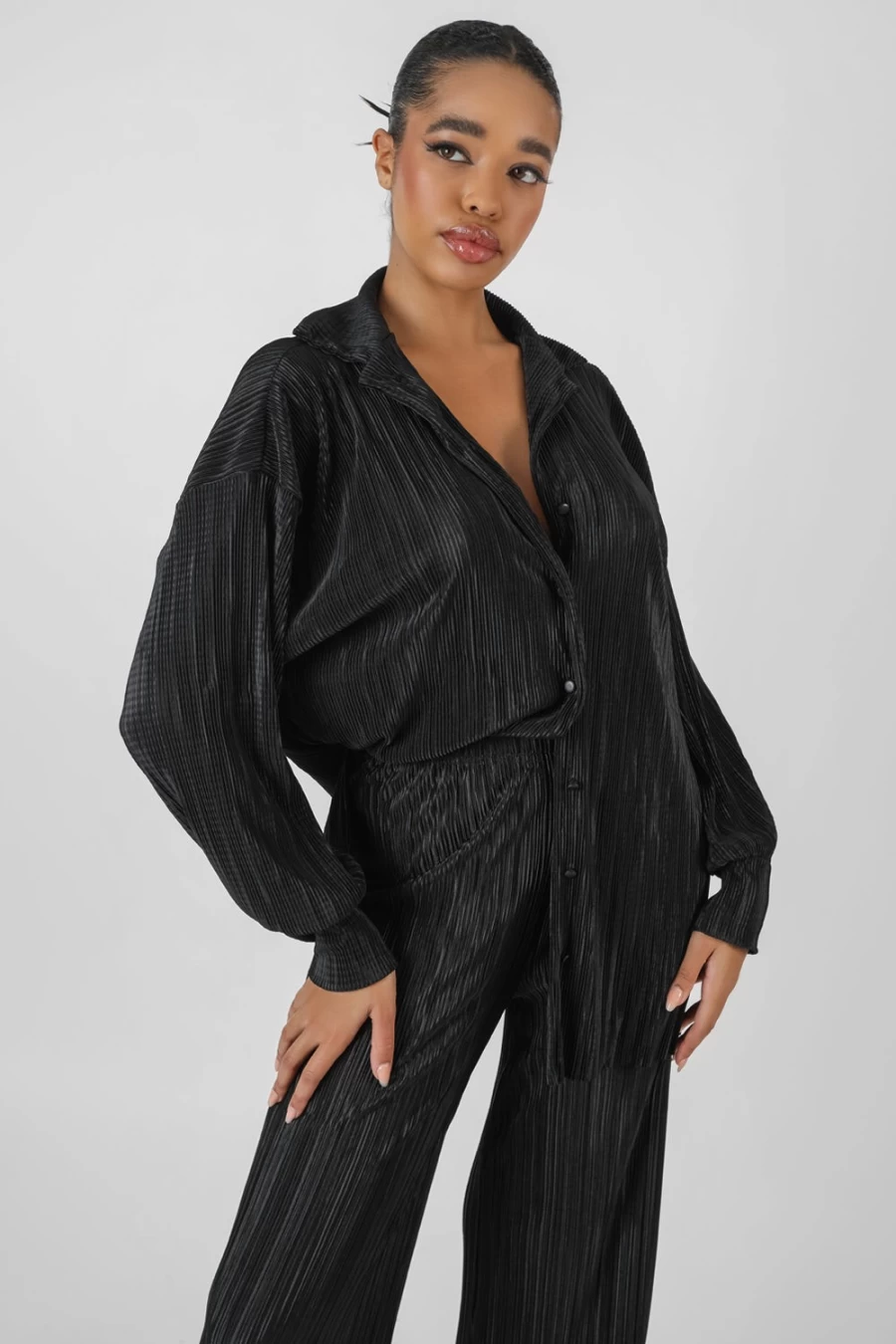 "Public Desire Women's Black Oversized Plisse Shirt – Stylish & Comfortable Top"