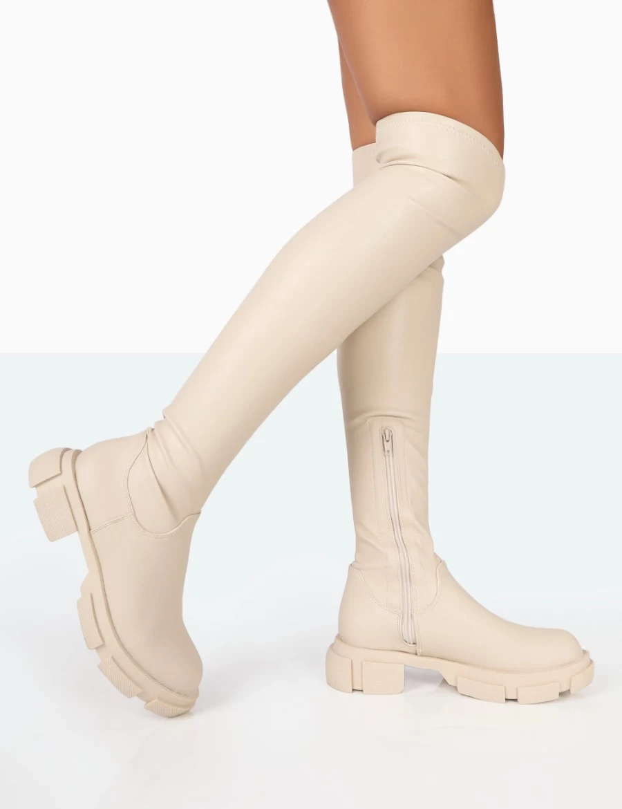 Public Desire Women's Bone Junya Pu Over The Knee Boots with Chunky Sole
