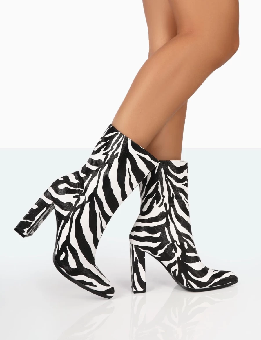 Public Desire Women's Zebra Print PU Pointed Toe Block Heel Ankle Boots - Bridget Style
