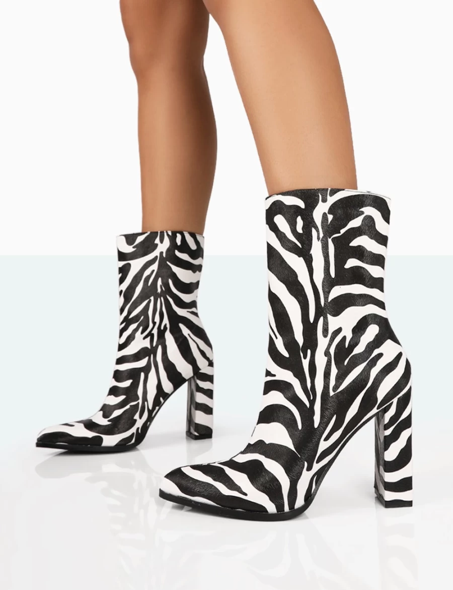 Public Desire Women's Zebra Print PU Pointed Toe Block Heel Ankle Boots - Bridget Style