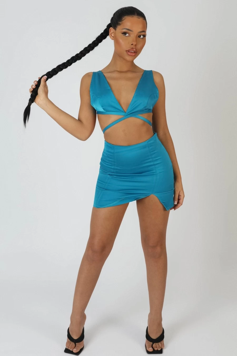 "Public Desire Women's Blue Split Front Satin Skirt - Elegant High Slit Designer Skirt"