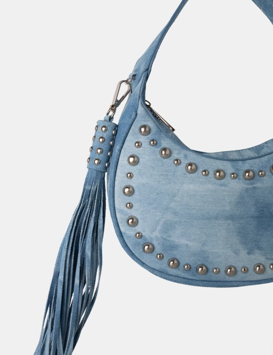 Public Desire Blue Washed Denim Boho Shoulder Bag with Studs & Tassels for Women