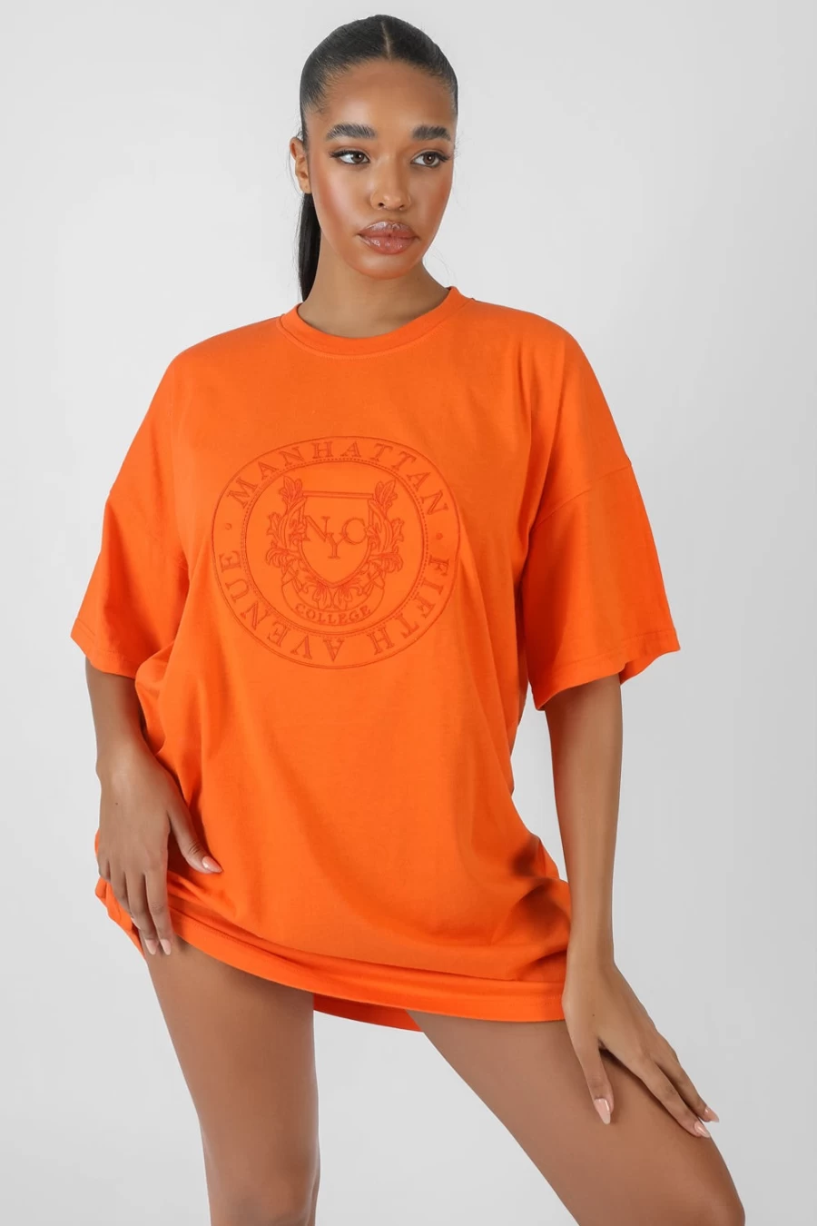 Public Desire Women's Orange Embroidered Manhattan T-Shirt Dress