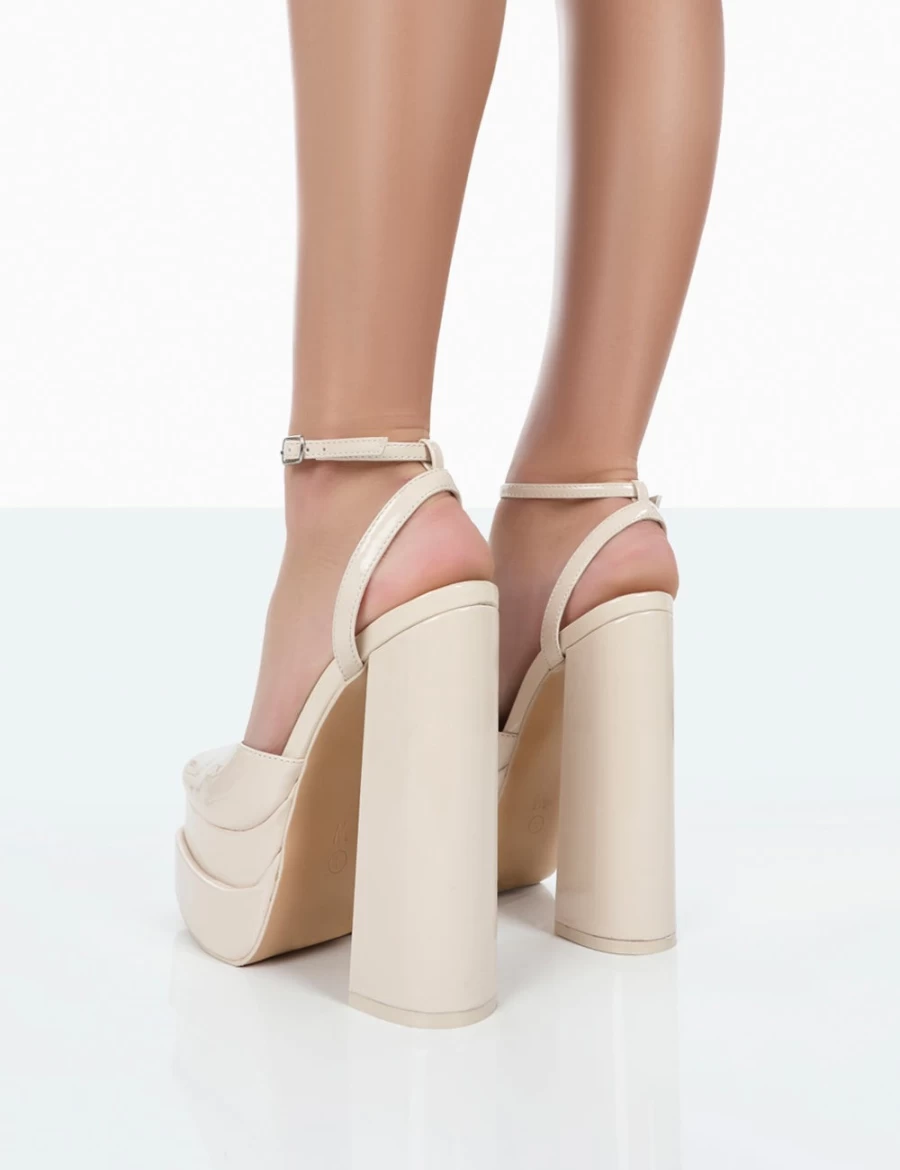 Public Desire Women's Ecru Moonchild Wide Fit Patent Platform Block Heel Closed Toe Shoes