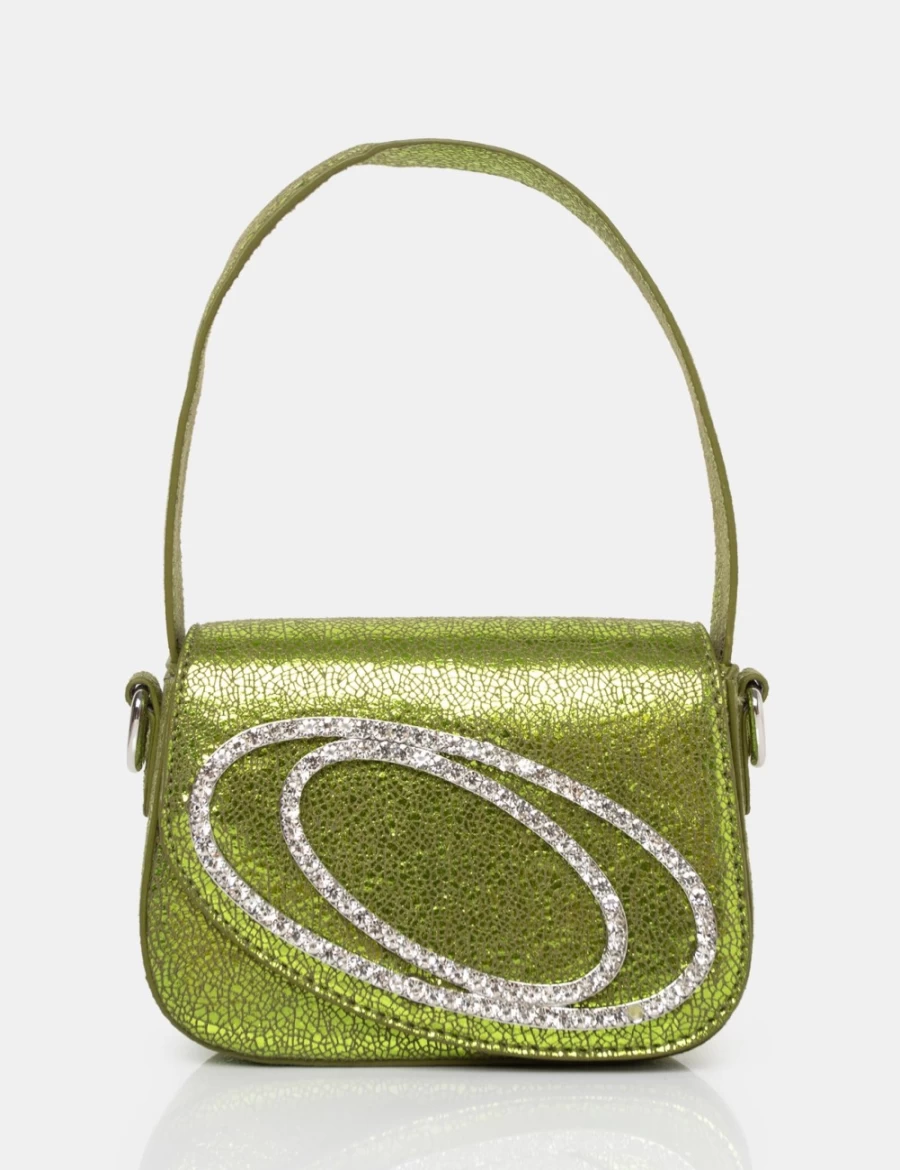 Public Desire Women's Lime Pu Diamante Mini Grab Bag - Tonic Cracked Design