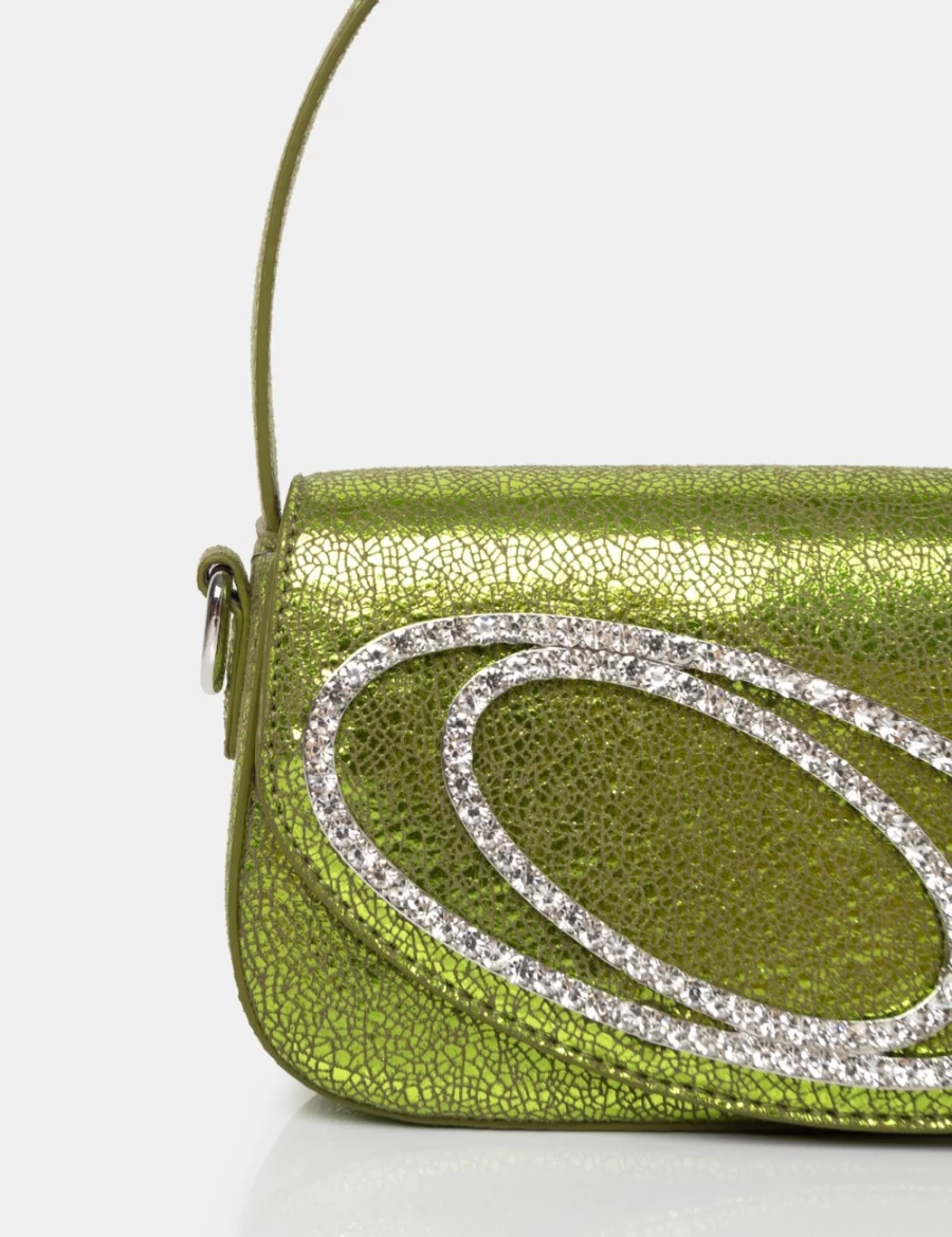 Public Desire Women's Lime Pu Diamante Mini Grab Bag - Tonic Cracked Design
