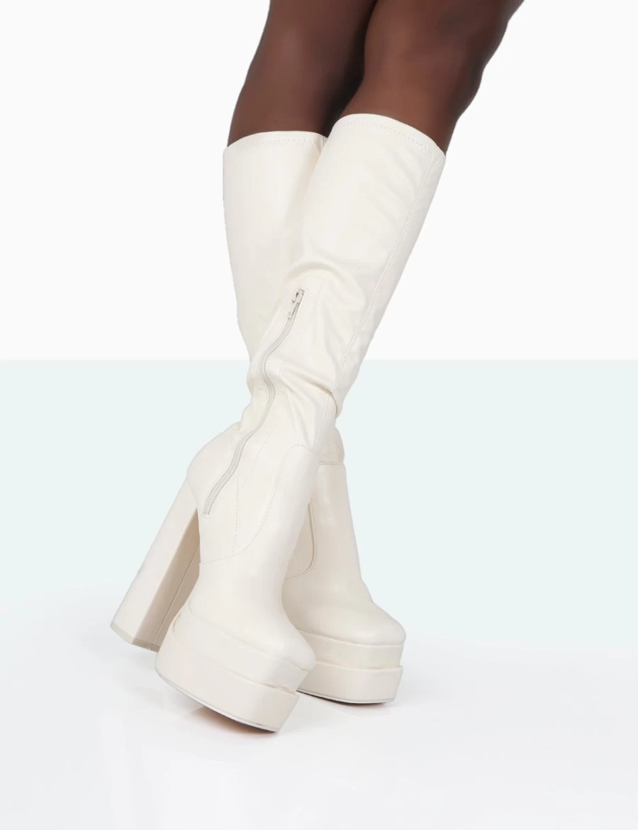 Public Desire Women's Ecru Wide Fit Square Toe Over The Knee Boots with Platform Block Heel