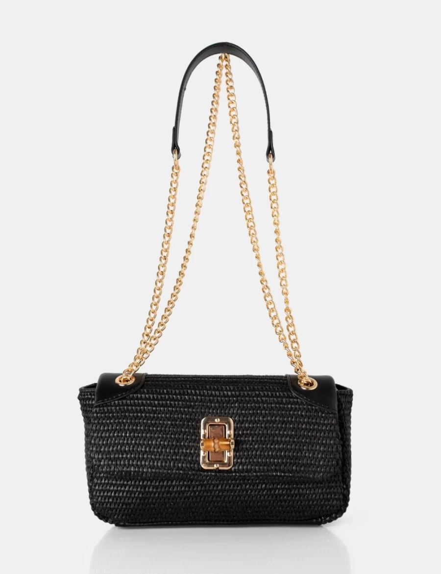 Public Desire Black Raffia Shoulder Bag with Gold Chain Detail for Women - Adjustable Strap