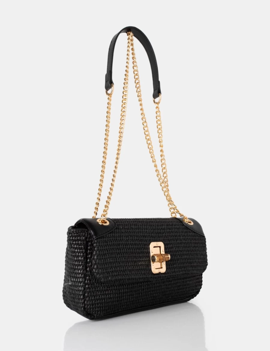 Public Desire Black Raffia Shoulder Bag with Gold Chain Detail for Women - Adjustable Strap