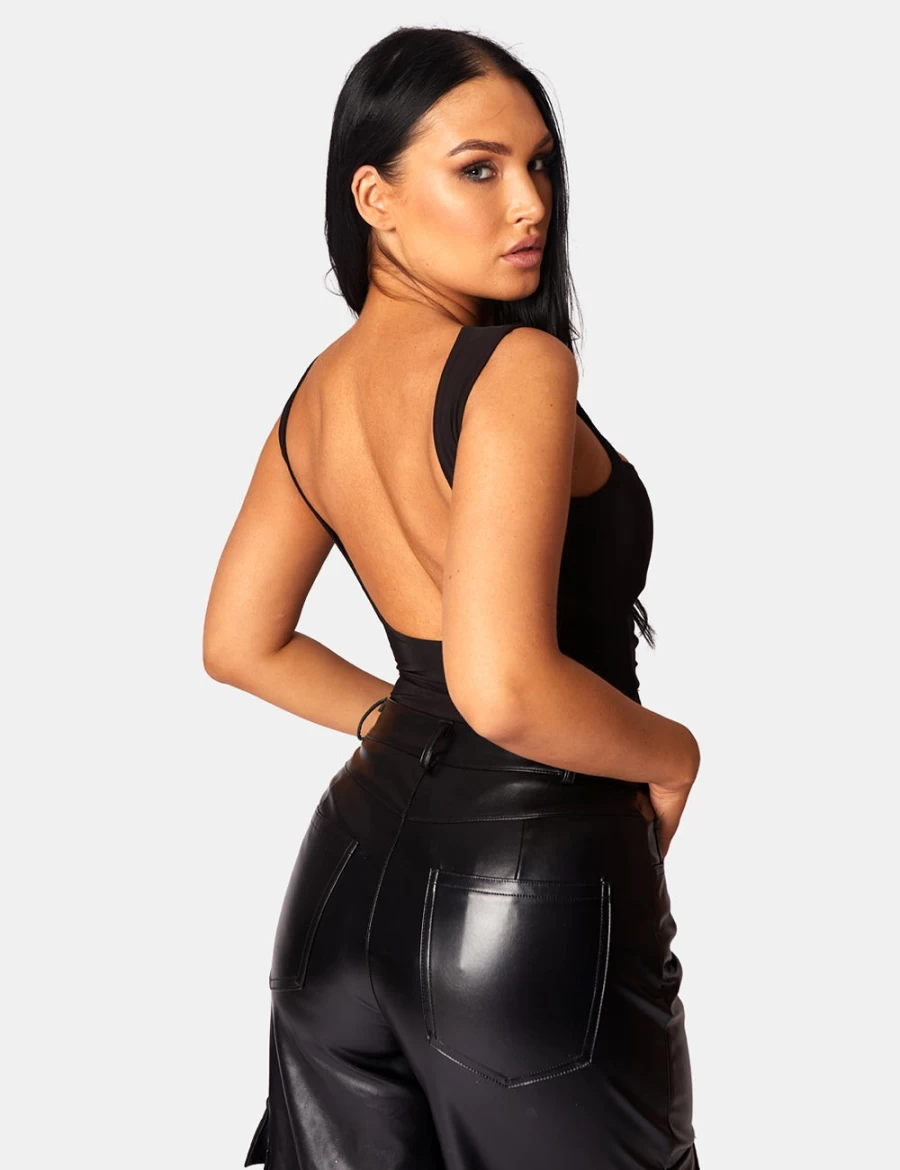 Public Desire Women's Black Asymmetric Waistband PU Cargo Pants