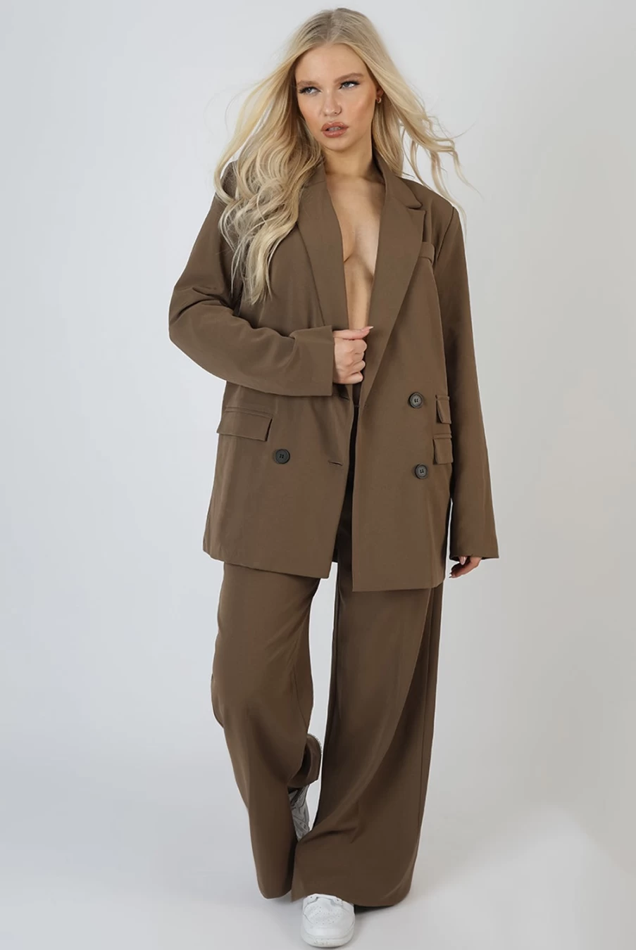 Public Desire Women's Brown Wide Leg Split Hem Tailored Trousers
