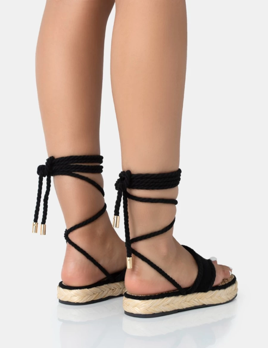 Public Desire Women's Black Laguna Beach Towelling Flip Flop Raffia Sandals