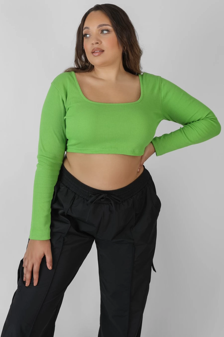 Public Desire Women's Green Square Neck Long Sleeve Crop Top
