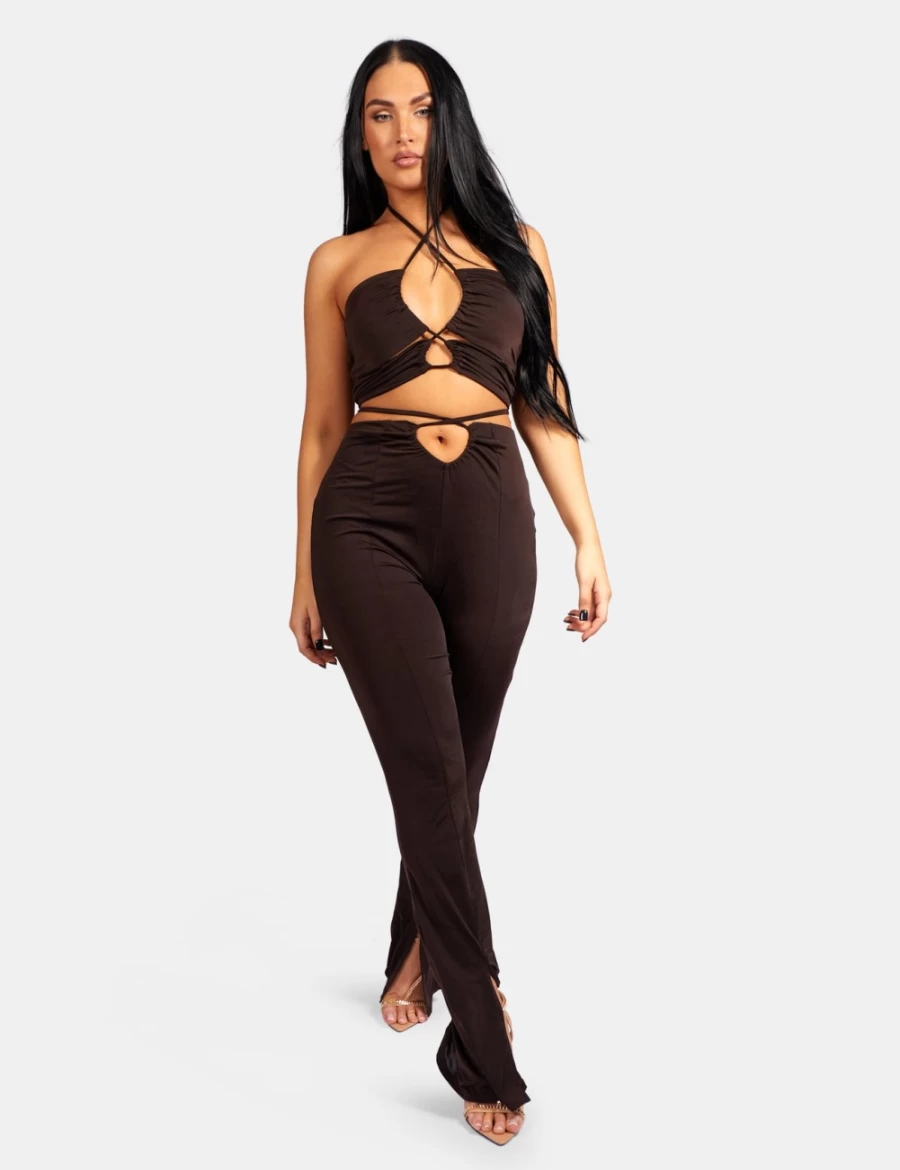 Public Desire Women's High Waist Loop Ruched Split Trousers in Chocolate