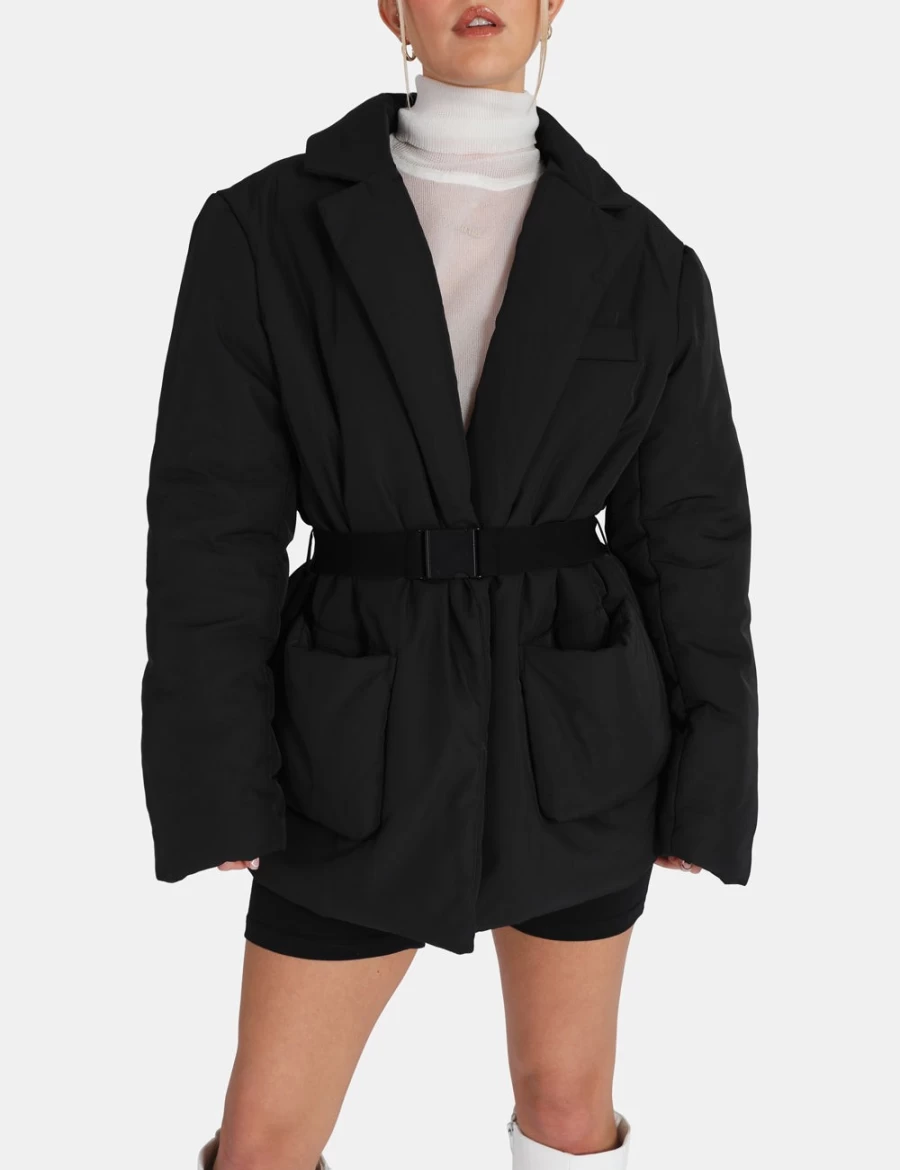 "Public Desire Women's Black Belted Puffer Blazer Jacket"