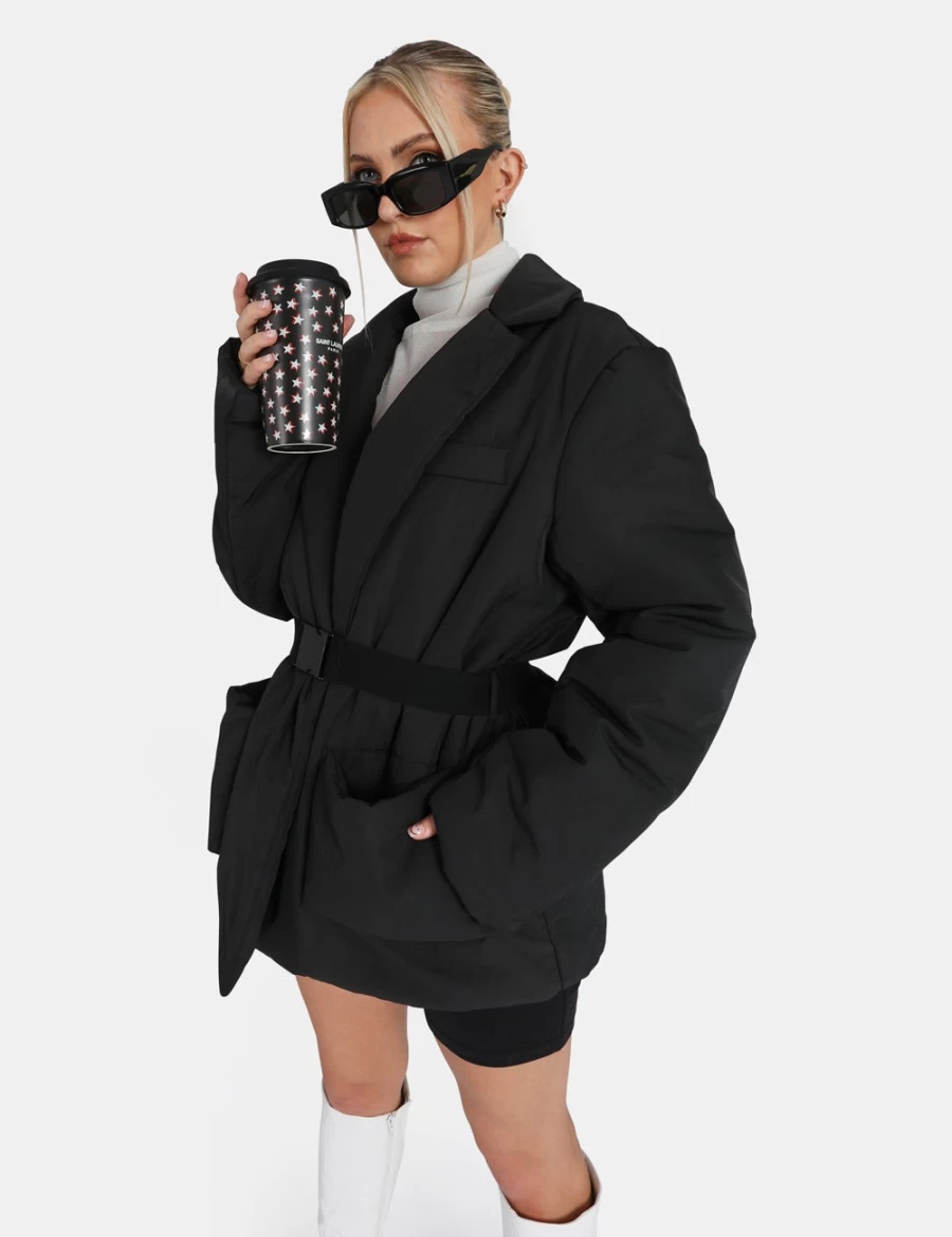 "Public Desire Women's Black Belted Puffer Blazer Jacket"