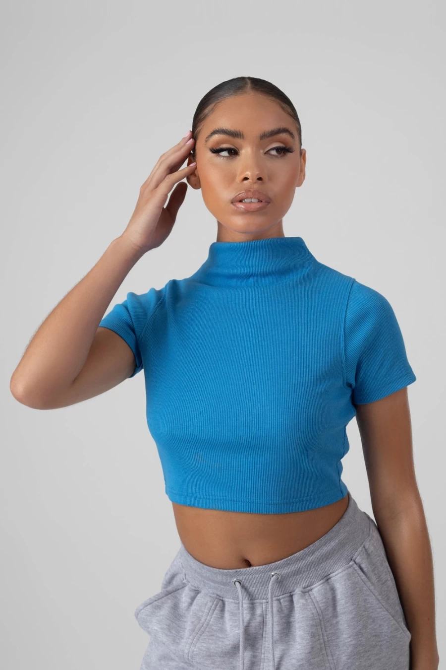 "Public Desire Women's Blue High Neck Ribbed Cropped T-Shirt"