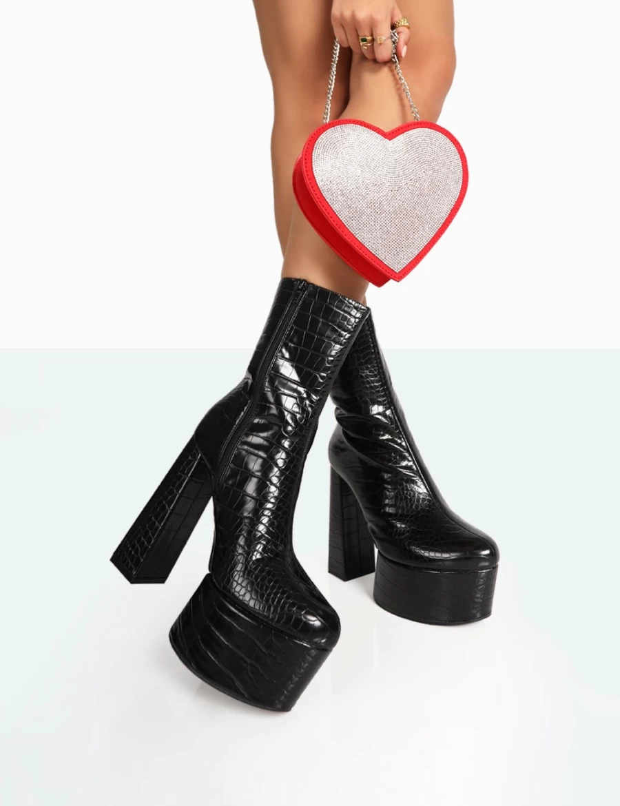 Public Desire Women's Black Parker Patent Croc Ankle Boots with Block Heel & Pointed Toe