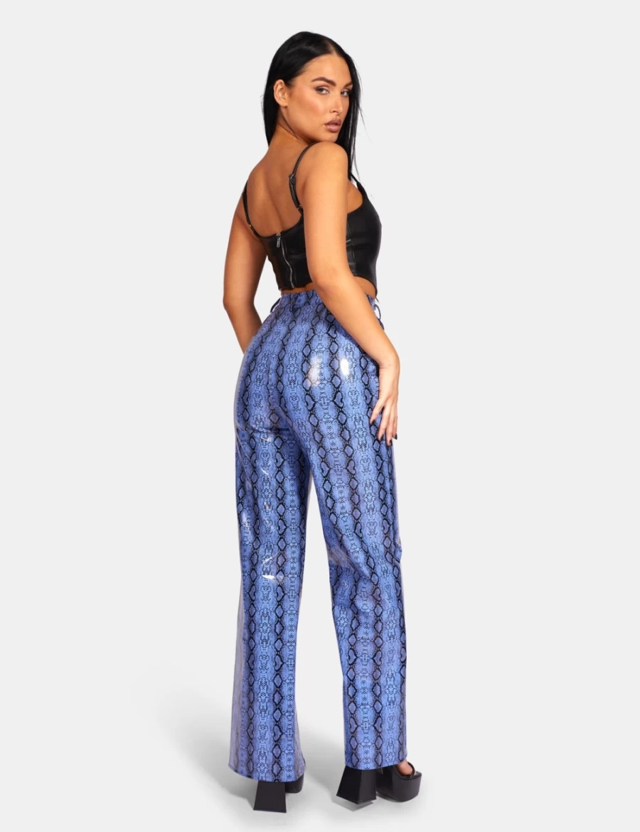 Public Desire Women's Blue Snake Print PU Wide Leg Trousers High Waist Fashion Pants