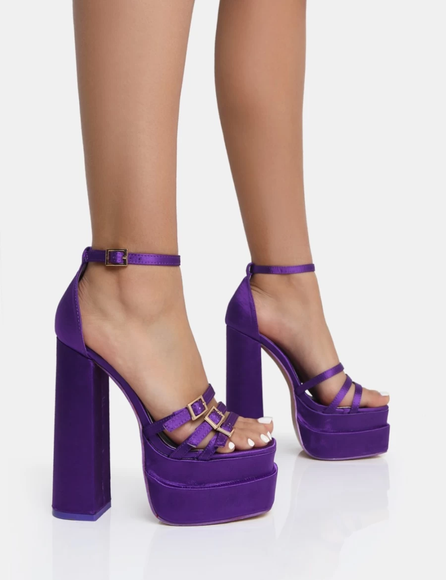 Public Desire Women's Purple Satin Square Toe Platform Heels with Strappy Buckle Detail