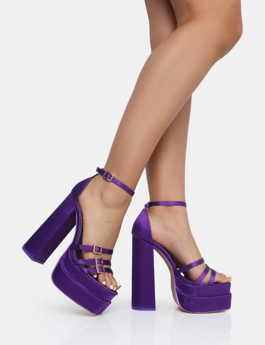 Public Desire Women's Purple Satin Square Toe Platform Heels with Strappy Buckle Detail