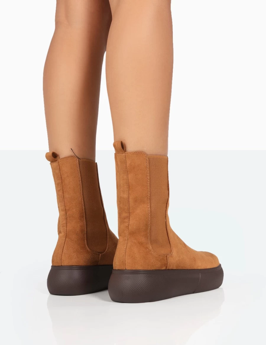 Public Desire Women's Tan Pisa Chunky Rubber Sole Chelsea Boots