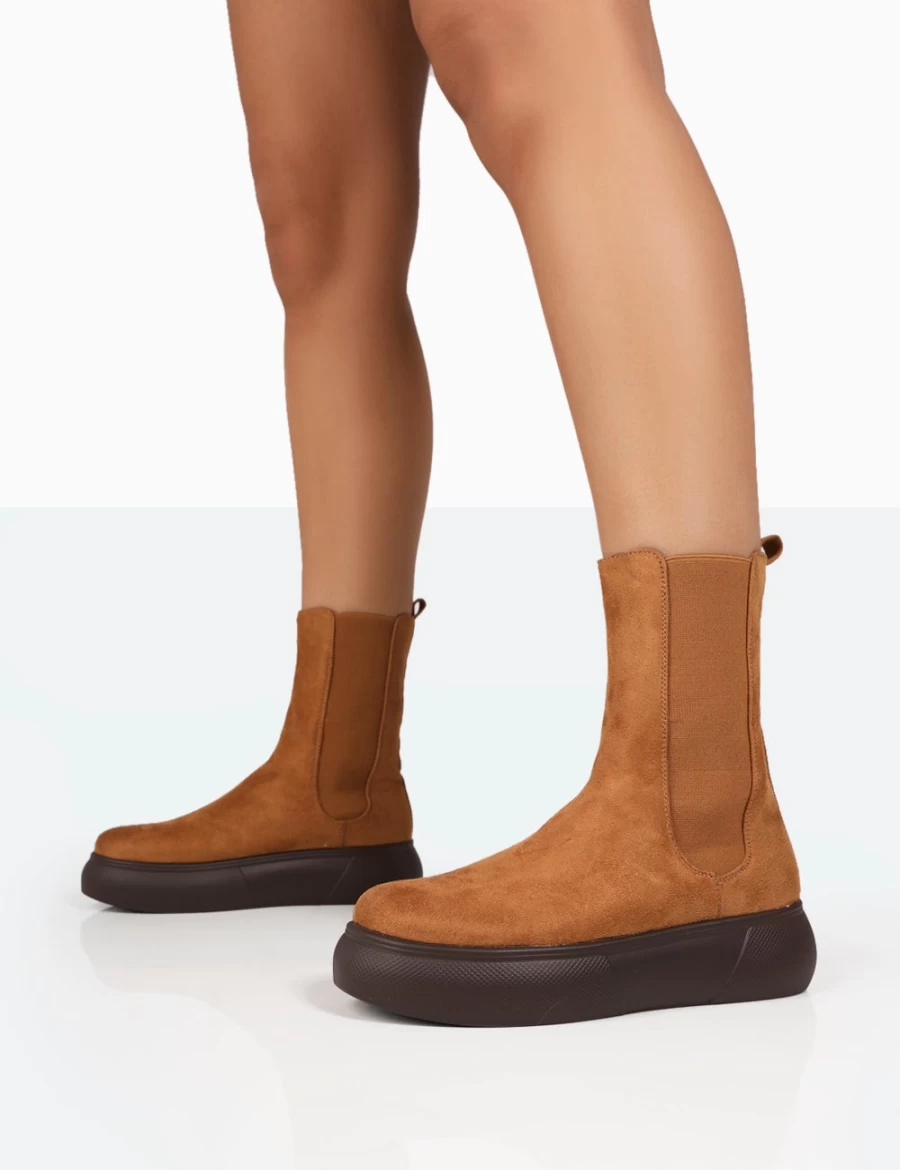 Public Desire Women's Tan Pisa Chunky Rubber Sole Chelsea Boots