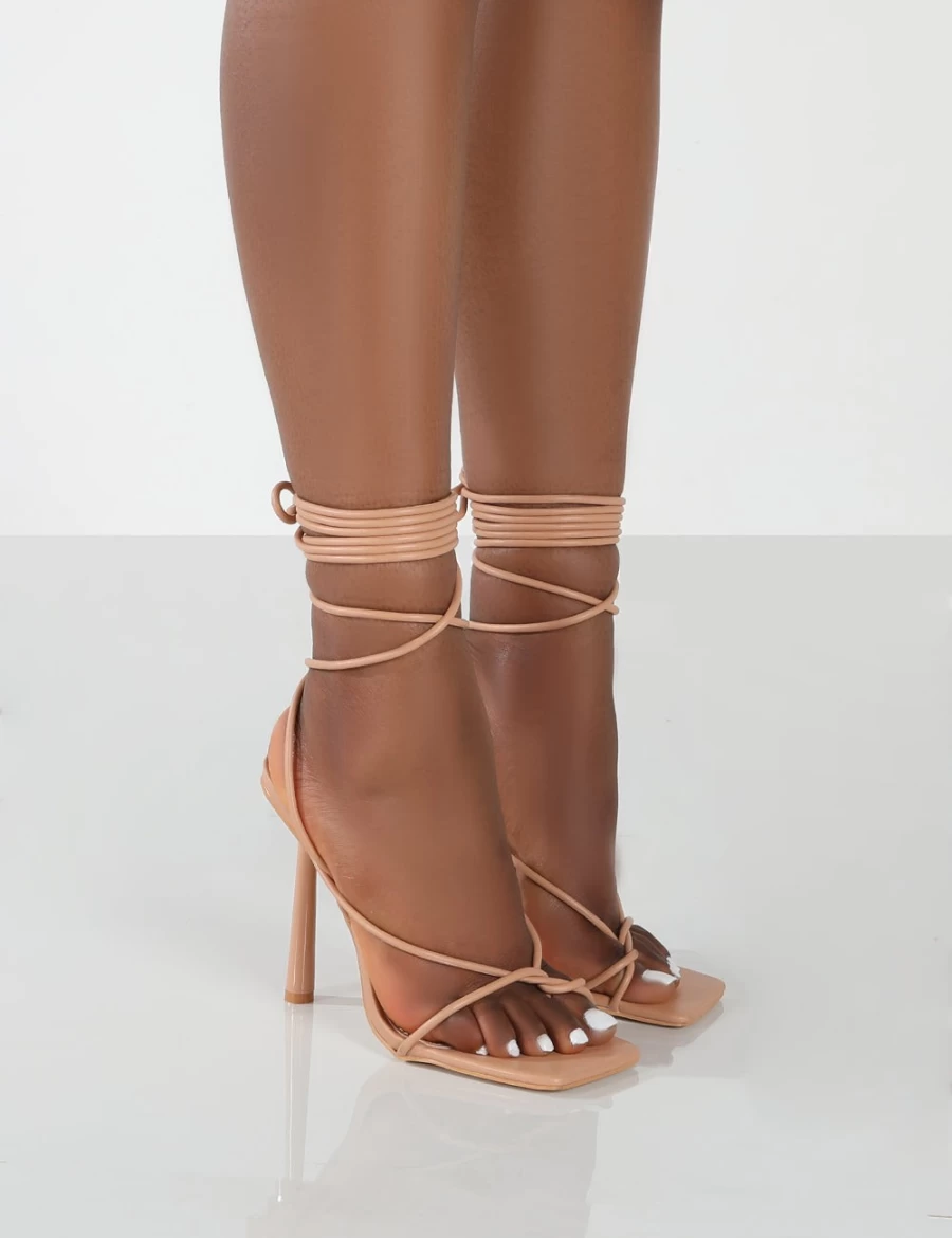 Public Desire Women's Nude Lacey Pu Square Toe Strappy Lace Up Stiletto Heels