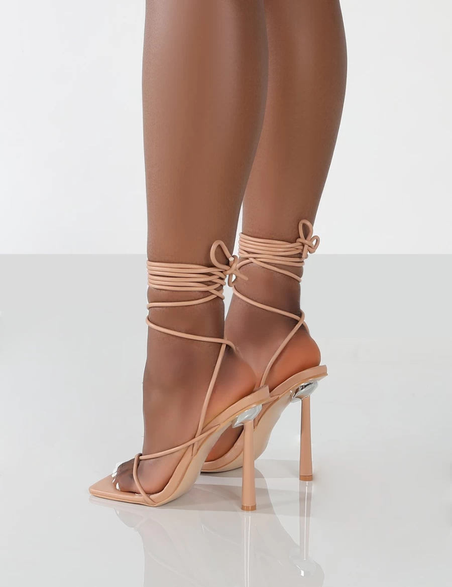Public Desire Women's Nude Lacey Pu Square Toe Strappy Lace Up Stiletto Heels