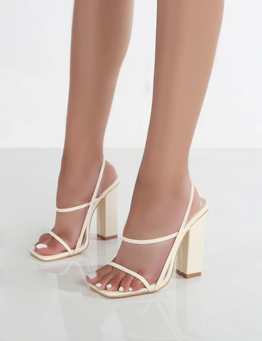 Public Desire Women's White Halley Off Pu Strappy Block Heels - Fashionable Chunky Heel Sandals