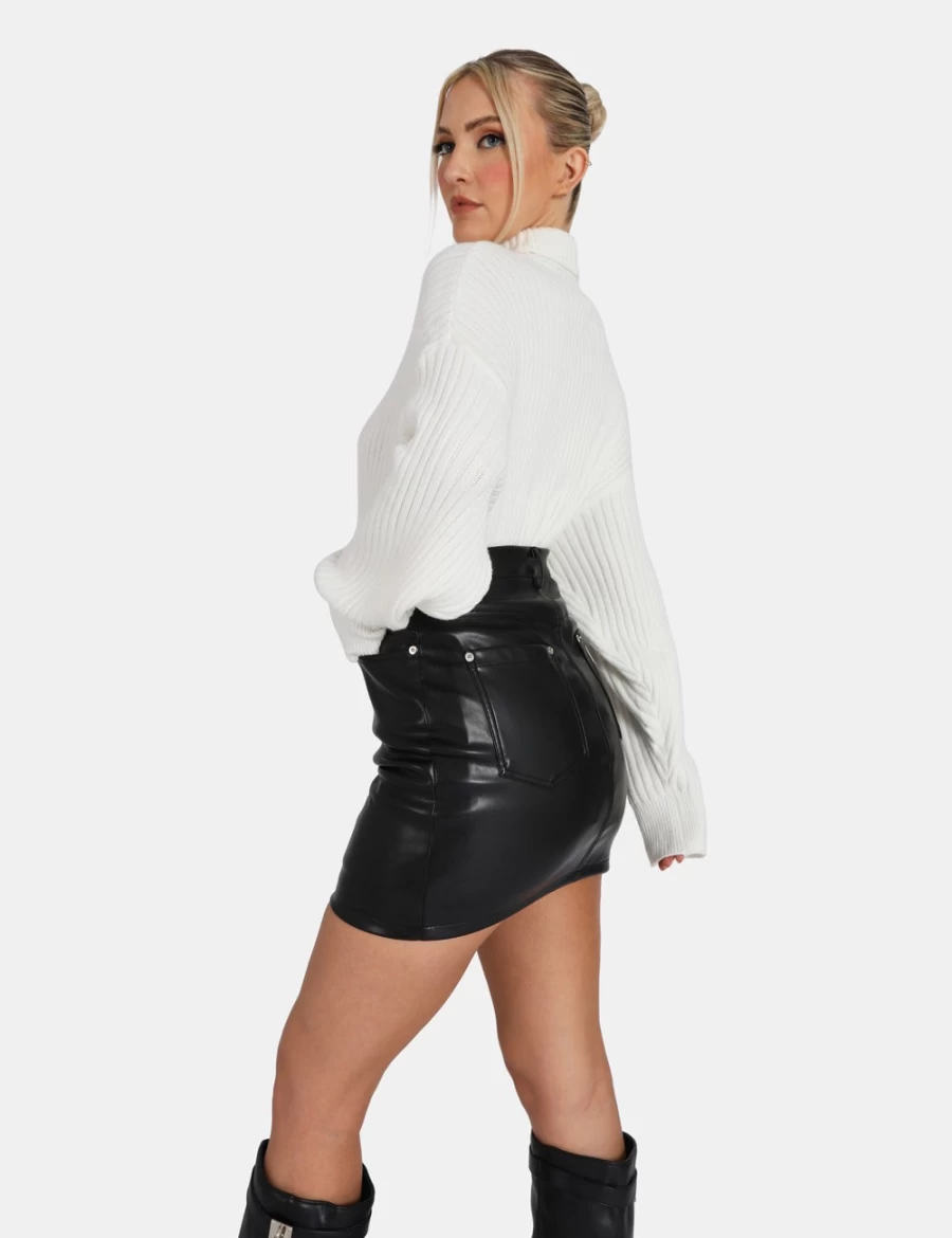 Public Desire Women's Black PU Mini Skirt with Button Waist Detail