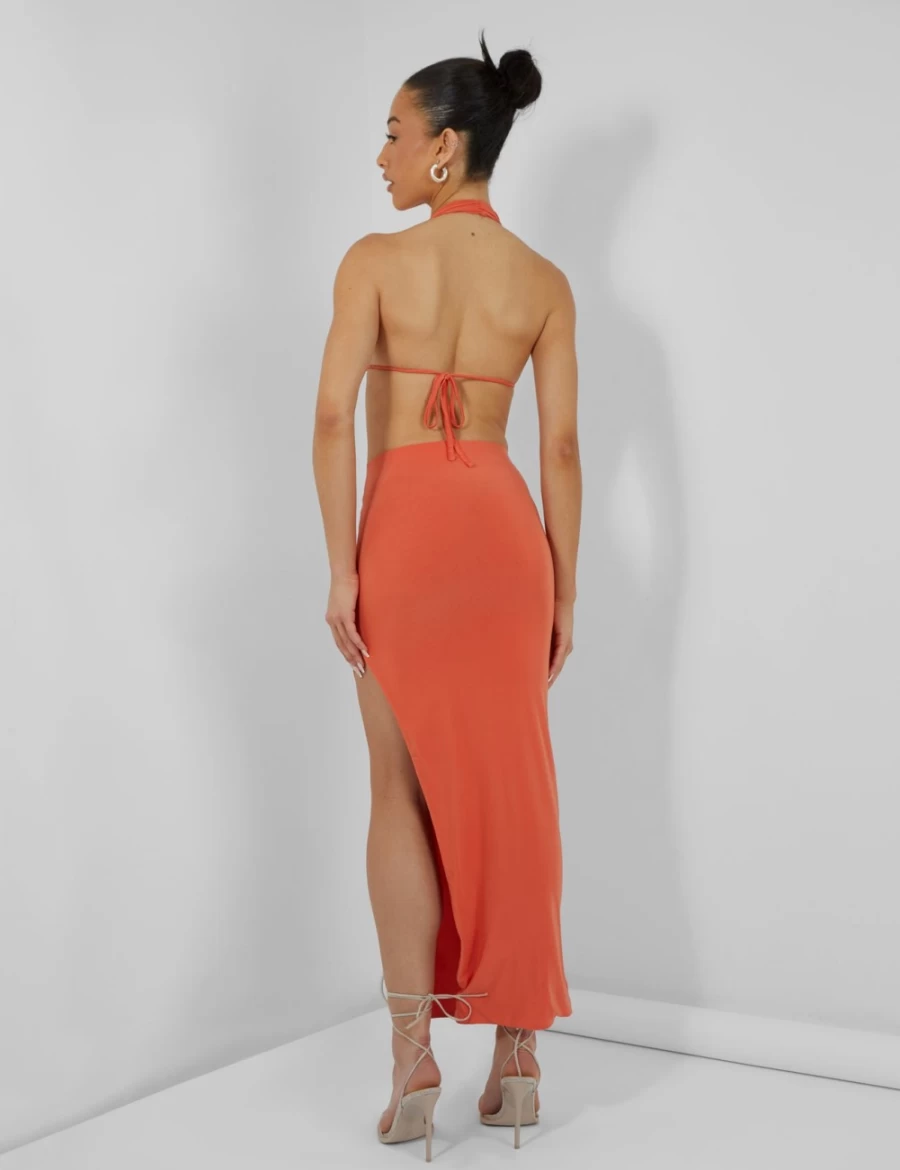 Public Desire Women's Orange Slinky Halterneck Top - Sexy Stretch Fit Party Wear
