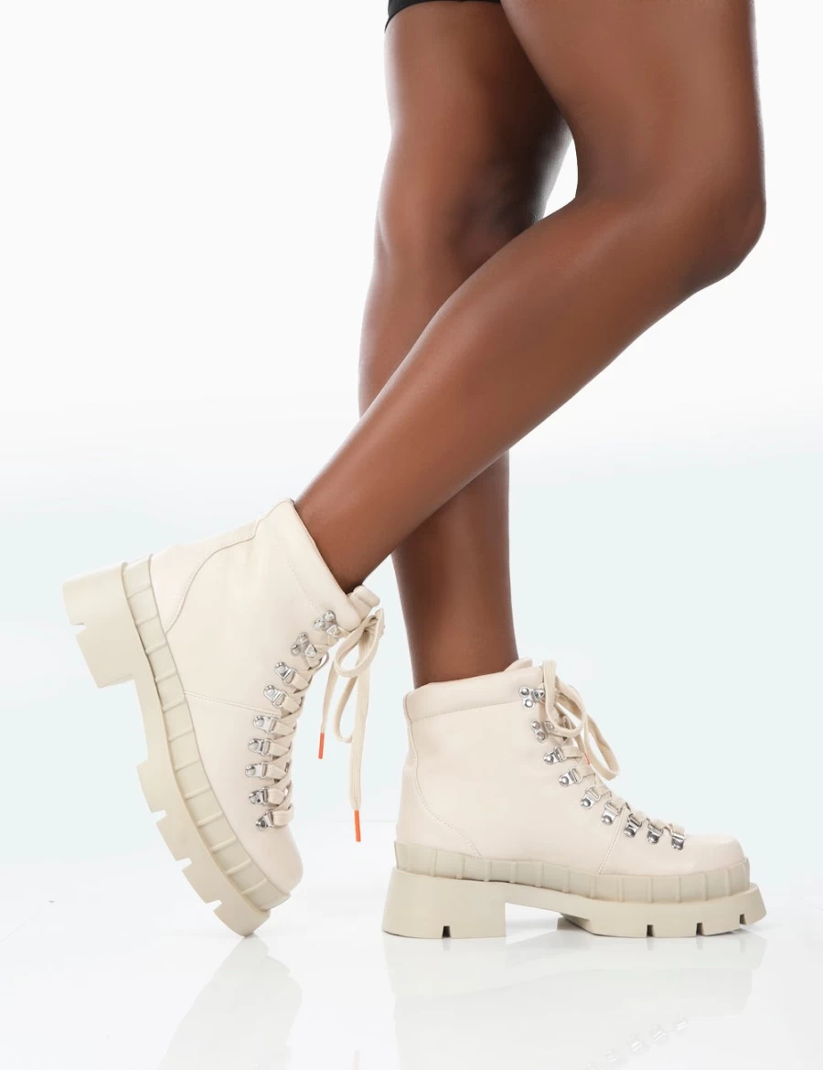 Public Desire Women's Ecru Bone Pu Lace Up Chunky Sole Winter Hiking Boots