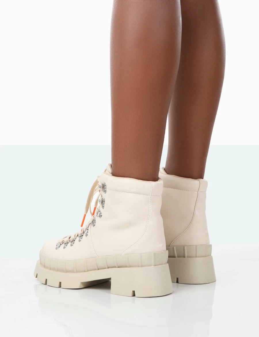 Public Desire Women's Ecru Bone Pu Lace Up Chunky Sole Winter Hiking Boots