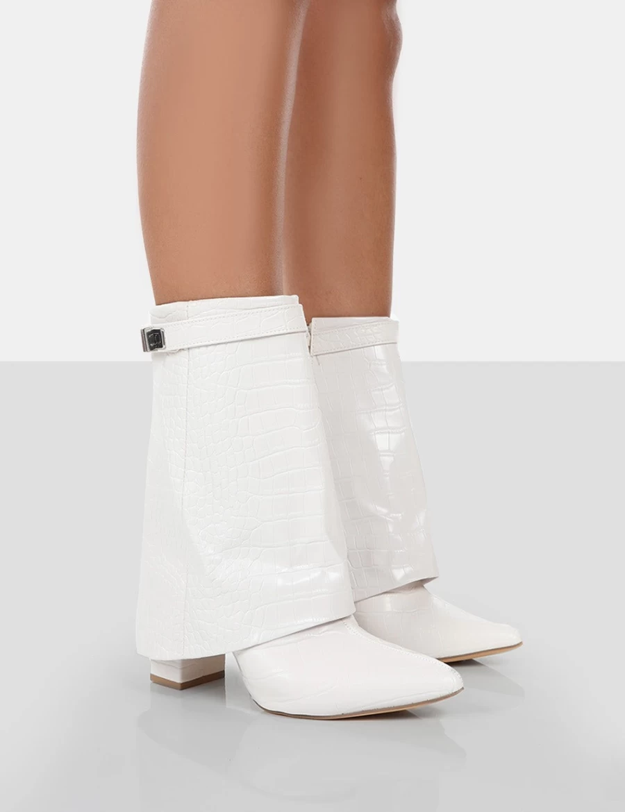 Public Desire Women's White Fyre Croc Pointed Toe Block Heel Ankle Boots