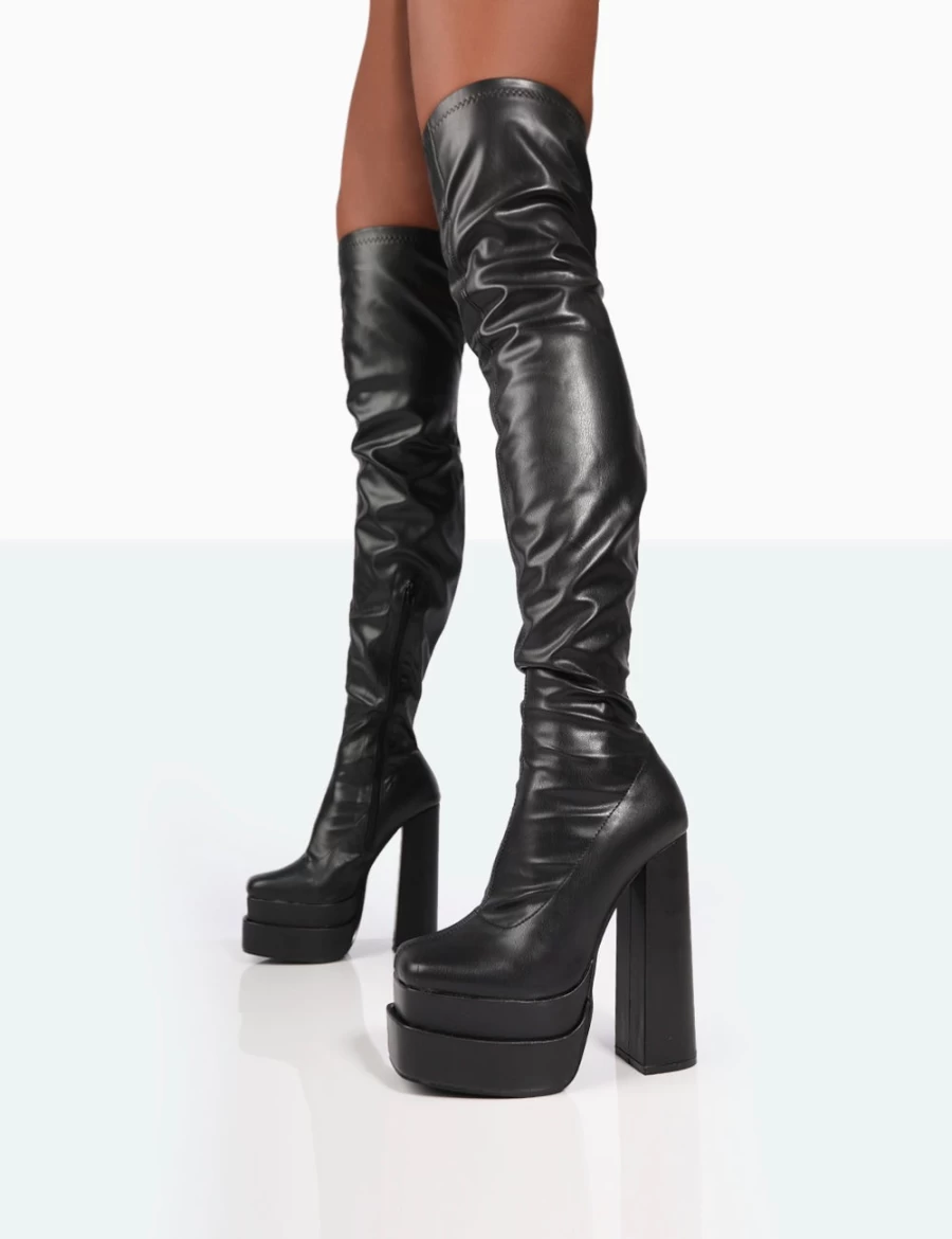Public Desire Women's Black Wide Fit PU Platform Over The Knee Boots