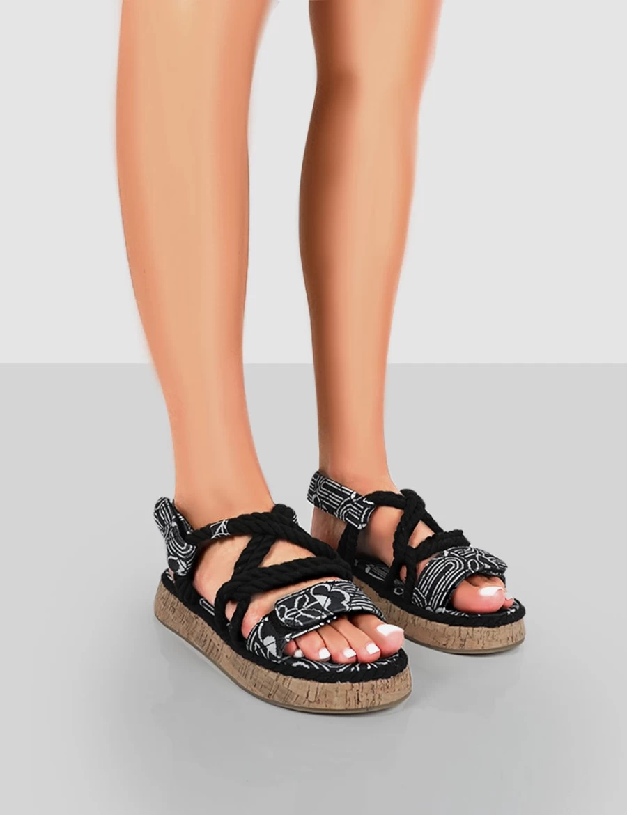 Public Desire Women's Black Miami Printed Rope Flatform Lace Up Sandals