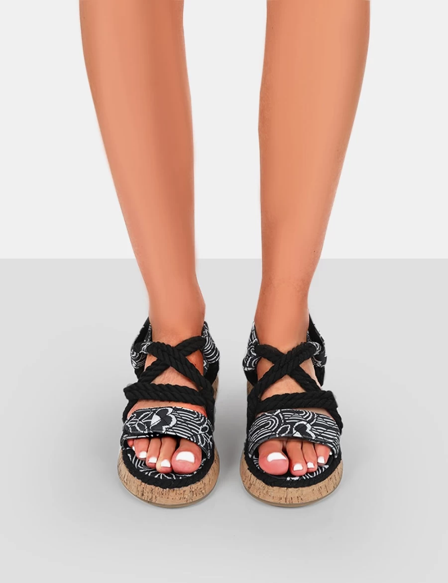 Public Desire Women's Black Miami Printed Rope Flatform Lace Up Sandals