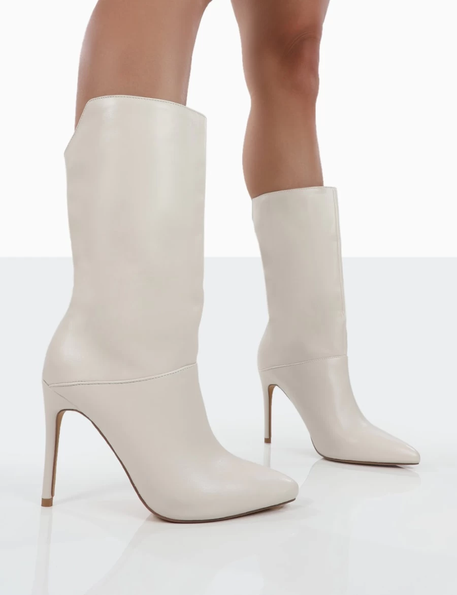 Public Desire Women's Ecru Lisel Pu Pointed Toe Stiletto Heel Ankle Boots