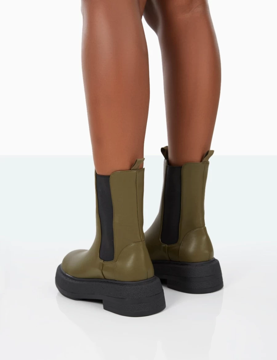 Public Desire Women's Khaki Barbie Dark PU Platform Chunky Sole Chelsea Boots